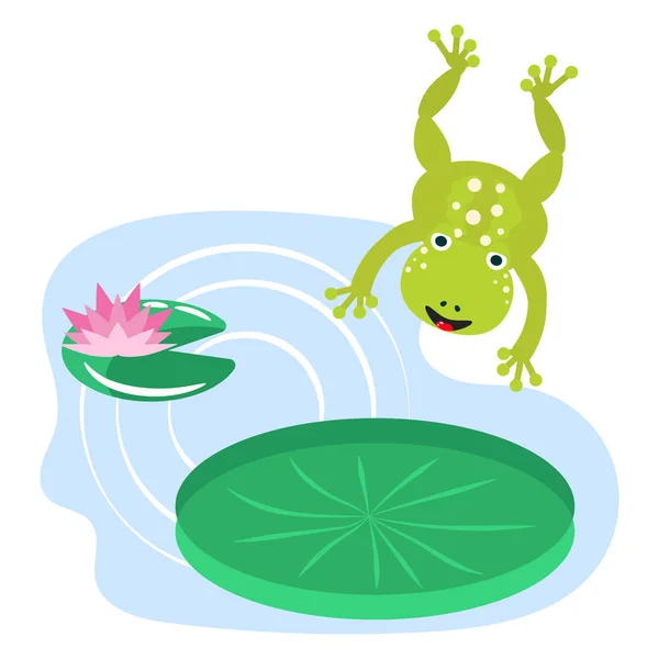 Frosch springt auf Seerose Cartoon Cliparts Vektor-Set. — Stockvektor