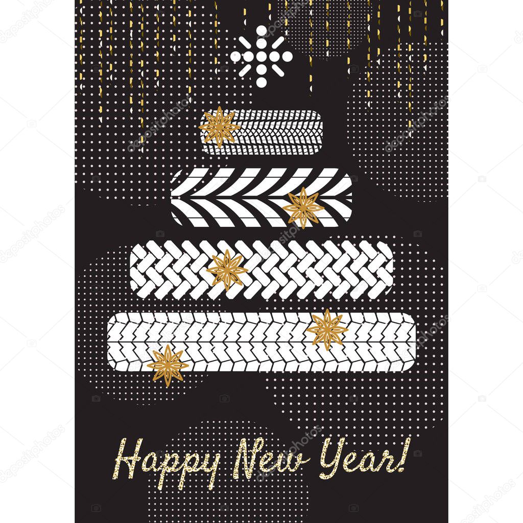 Tire new year tree greeting card concept.