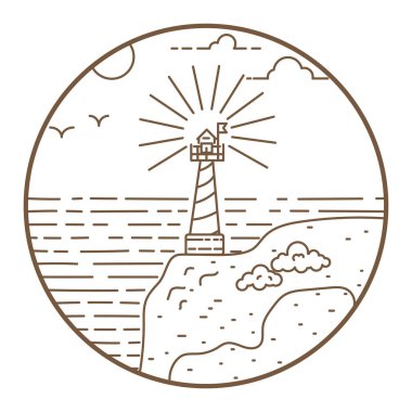 Deniz feneri yuvarlak çizgi stili rozet vektör çizim.