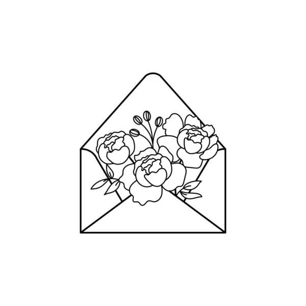 Offener Umschlag mit Blumen umreißt Vektor-Darstellung im Doodle-Stil. — Stockvektor