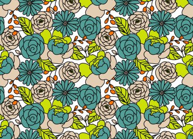 Elinde çiçek deseni, şakayık çiçekleri ve taç yapraklarıyla çizilmiş. Çiçekli yeşil ve mavi arka plan.