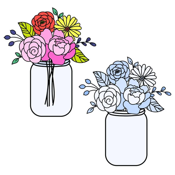 Ramo floral de estilo de línea en una ilustración vectorial de tarros de maison . — Vector de stock