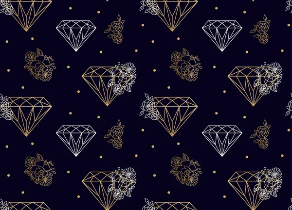 Diamantes y flores patrón de vectores sin costura. Líneas de oro sobre azul . — Archivo Imágenes Vectoriales