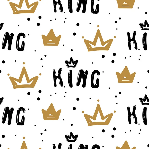 Black and white king crown seamless pattern with royal symbol and paint dots. — Stock Vector