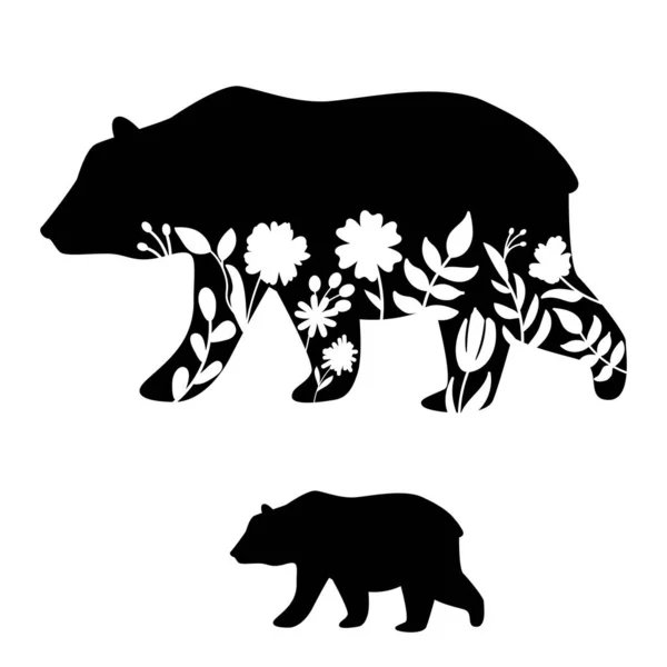 Illustration vectorielle silhouette ours. Icône vectorielle de mammifère à découpage floral . Vecteur En Vente