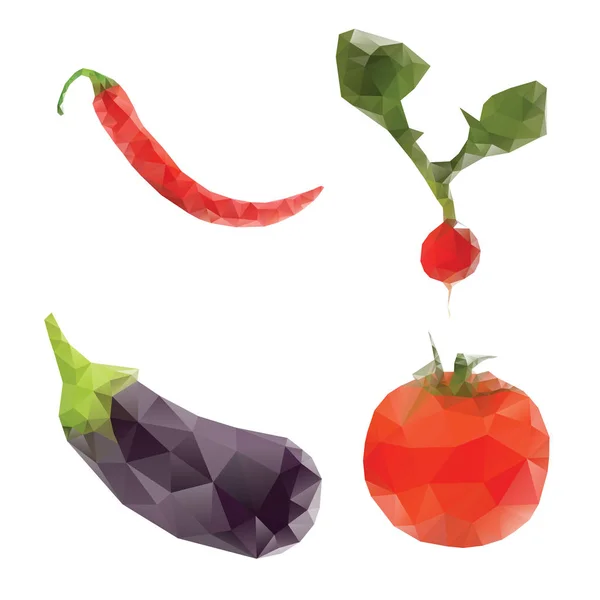 Vegetables in low poly radish tomato eggplant red pepper — Stock Vector