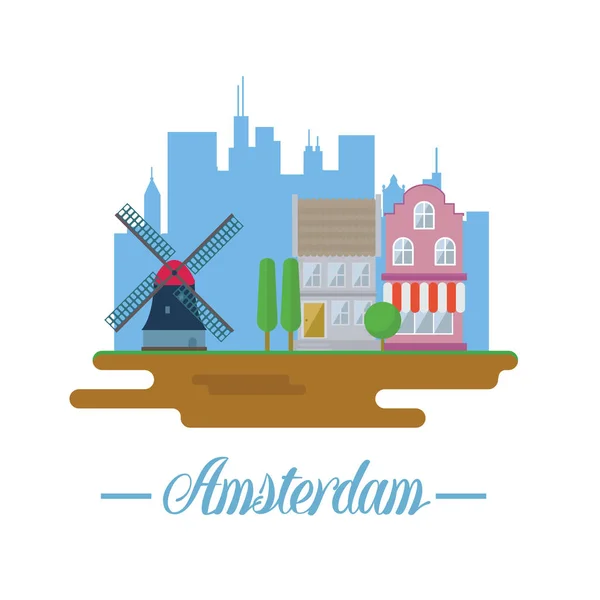 Paysage Amsterdam en design plat — Image vectorielle