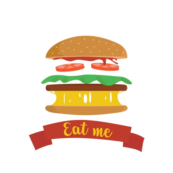 Lezzetli burger düz tasarım. Lezzetli sıcak burger parçalar — Stok Vektör