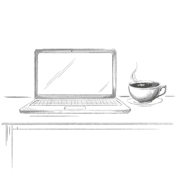 Laptop desenhado à mão com esboço de café — Vetor de Stock