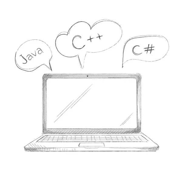 Computer portatile di concetto di linguaggio di programmazione disegnato a mano — Vettoriale Stock