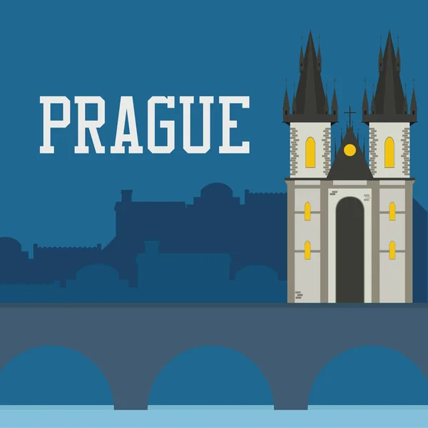 Praga antigua iglesia del castillo con paisaje urbano nocturno — Vector de stock
