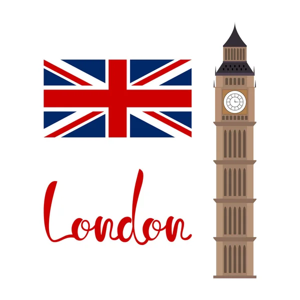 London concept. Big ben tower with flag and lettering — Stock Vector