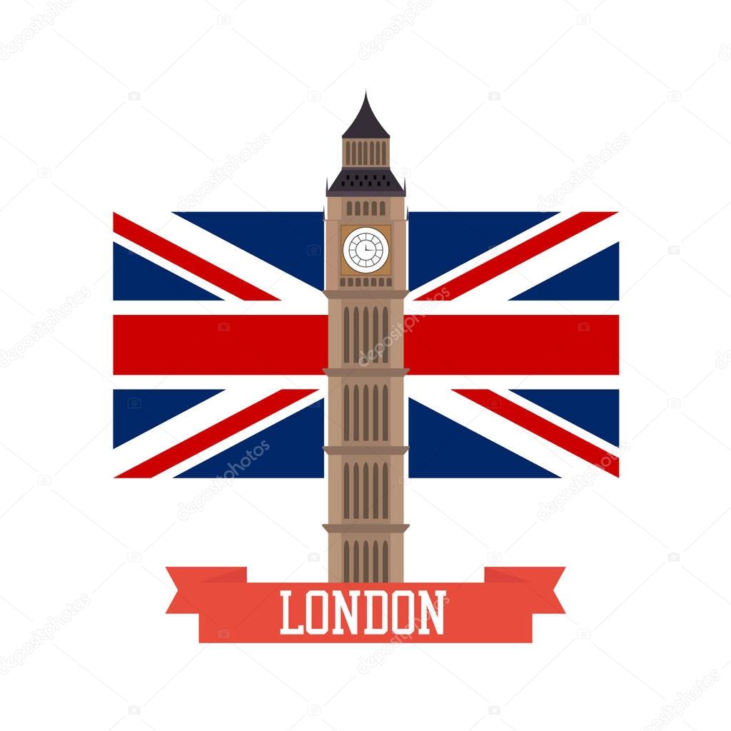 London concept. Big ben flat design with england flag