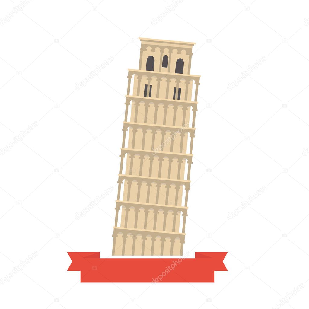 Italy monument. Pisa tower in flat design with ribbon. Travel concept