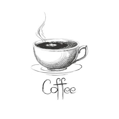 Elle çizilmiş sıcak kahve fincanı yazı ile