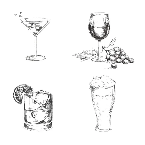 Elle çizilmiş alchogol. Martini viski şarap bira