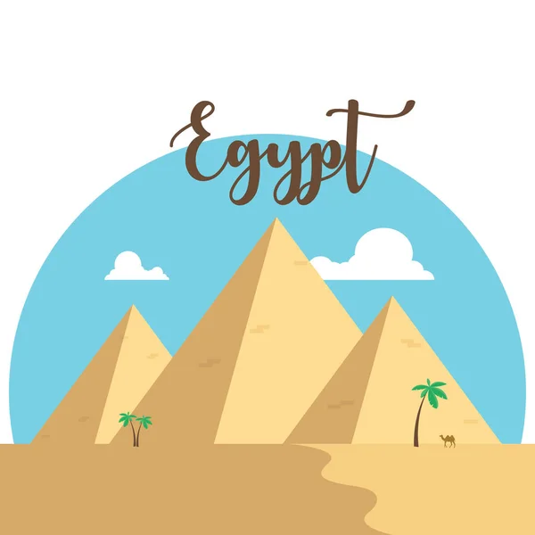 Egypt flat design pyramids. Desert famous ancient camel palms — Stock Vector