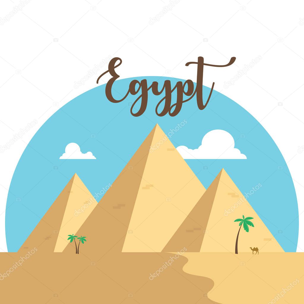 Egypt flat design pyramids. Desert famous ancient camel palms