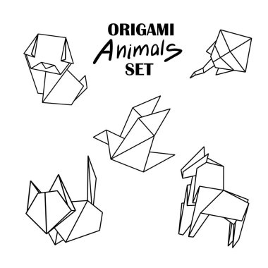 Origami hayvan ayarlayın. Kağıt yılan, köpek, at, kedi, kuş, hayvan tilki