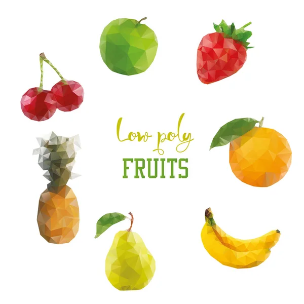 Low-Poly-Stil Früchte. Kirsche Pinapple Apfel Banane Erdbeere Orange — Stockvektor