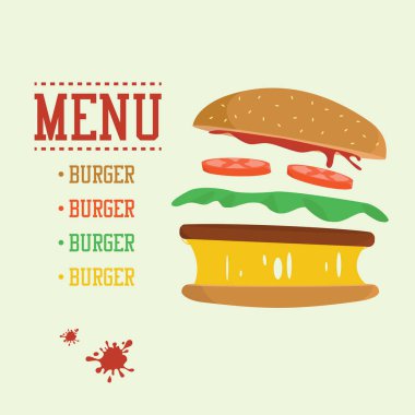 Burger kavramı. Menü burger malzemelerle. Düz tasarım abur cubur