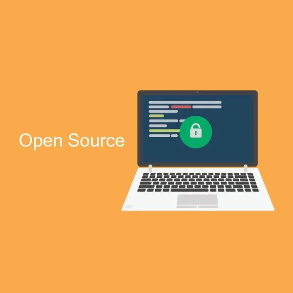 Concetto open source. Laptop con codice di programmazione su sfondo arancione — Vettoriale Stock