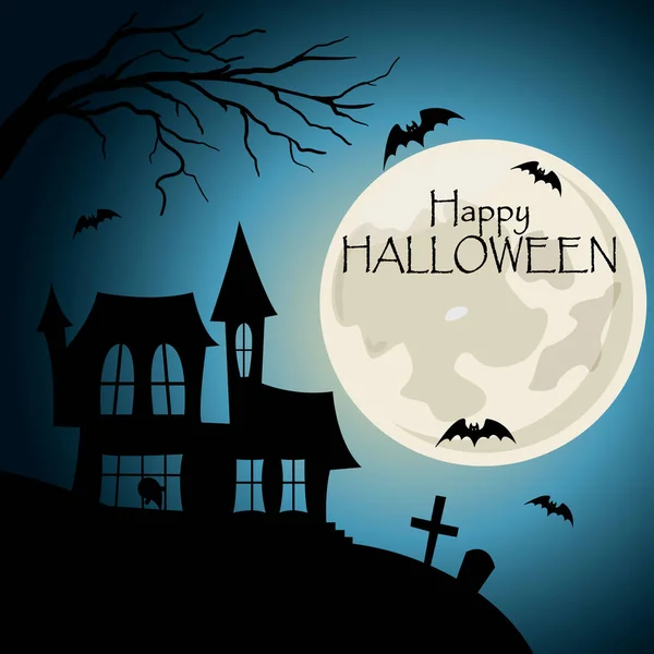 Buona cartolina di Halloween. Casa con sagoma cimiteriale con pipistrelli e scritte — Vettoriale Stock