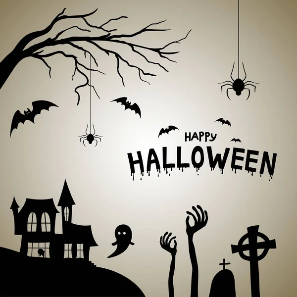 Feliz tarjeta postal de Halloween. Casa con silueta de cementerio con murciélagos y arañas — Archivo Imágenes Vectoriales