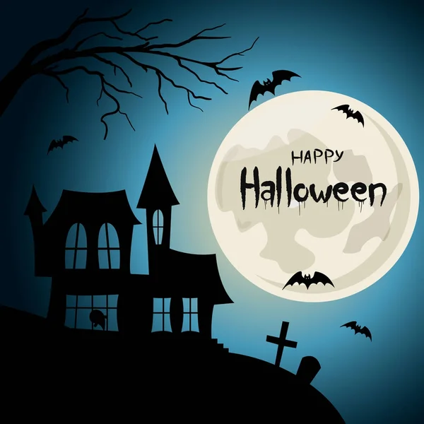 Feliz tarjeta postal de Halloween. Casa con silueta de cementerio con murciélagos y letras — Archivo Imágenes Vectoriales