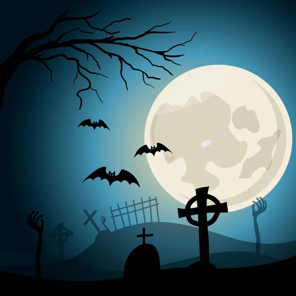 Sfondo Halloween. Cimitero con croci e mani zombie al negro. Luna piena — Vettoriale Stock