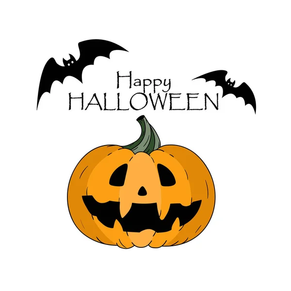 Feliz concepto de Halloween. Murciélagos. Calabaza con cara de miedo y letras dibujadas a mano Ilustraciones de stock libres de derechos