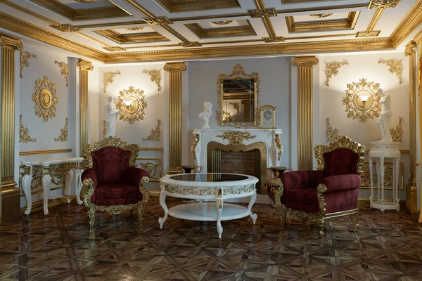 Salón con chimenea en estilo clásico 3d renderizado —  Fotos de Stock