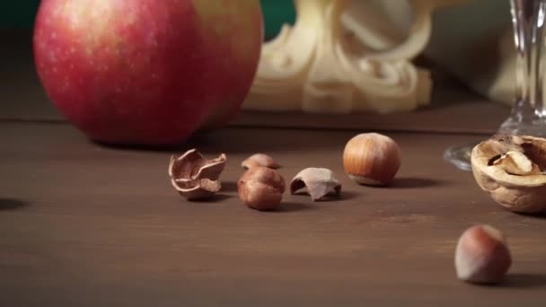 Still Life Handmade Clay Jug Grapes Vase Plums Apples Nuts — Stockvideo