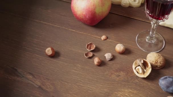 Still Life Handmade Clay Jug Grapes Vase Plums Apples Nuts — Stock Video