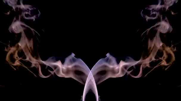 Symmetrisch bewegende gekleurde rook op een zwarte achtergrond. — Stockvideo