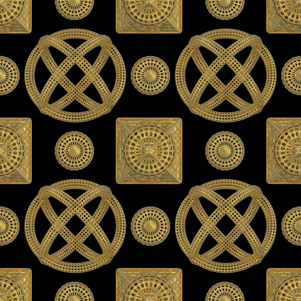 Golden geometric shapes seamless pattern. 3D render.