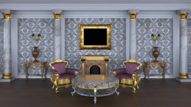 Hitta på målningar i en gyllene ram med en genomskinlig duk i en klassisk interiör med öppen spis. 3D-återgivning — Stockvideo