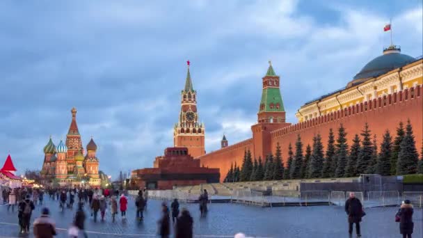 Rudé Náměstí Kreml Spasskaya Tower Basilova Katedrála Zimním Večeru Zrychlené — Stock video