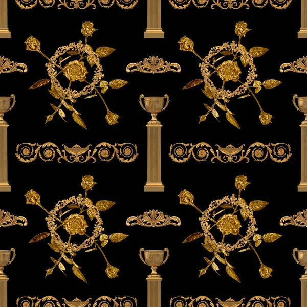 Seamless Pattern Golden Roses Leaves Architectural Stucco Render — Stock Photo, Image