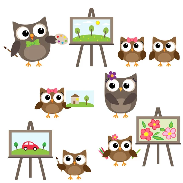 Owls learning to draw — Stock Vector