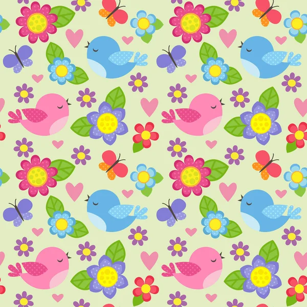 Motif sans couture avec des oiseaux et des fleurs — Image vectorielle