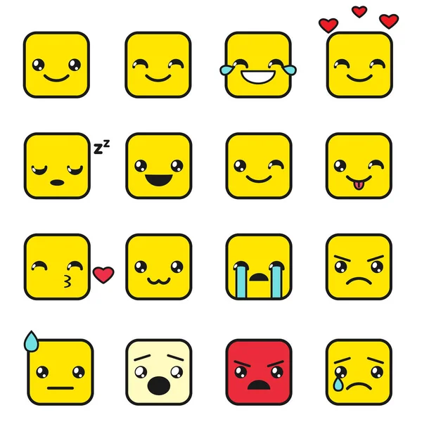 Conjunto de emojis kawaii cuadrados lindo — Vector de stock