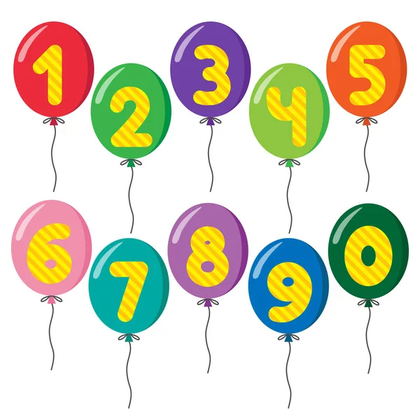 Conjunto de globos de colores en cuerdas con números — Vector de stock