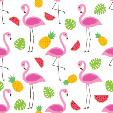 Flamingolar, ananas ve karpuz ile vektör seamless modeli