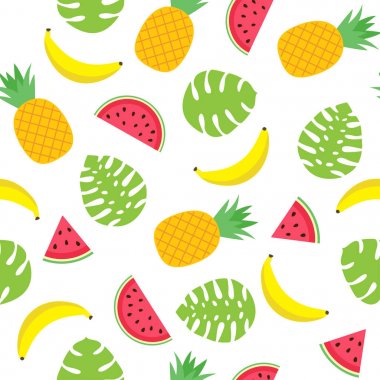 Vektör seamless modeli tropikal yaprak, ananas, muz ve karpuz dilimleri ile