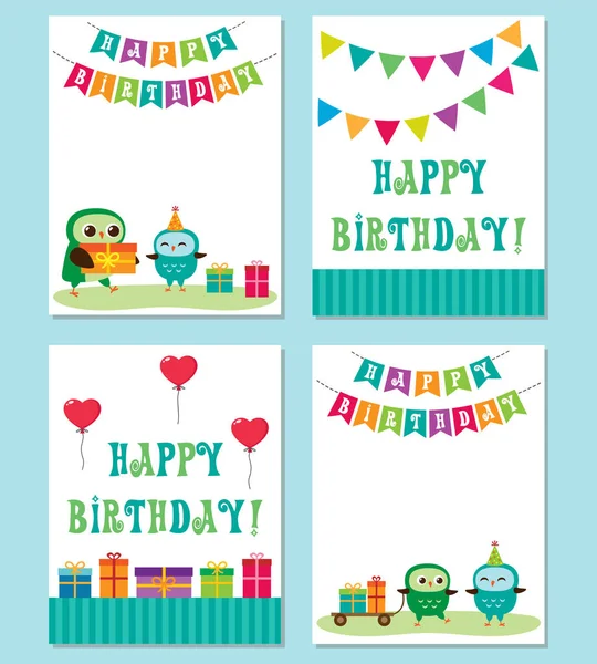 Birthday anniversary card with cute owls — Stock Vector