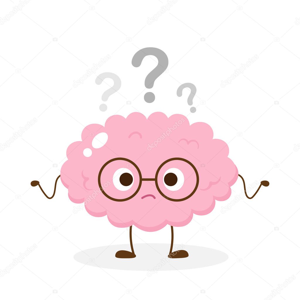 Cute human brain in glasses with question mark over head. Humor brain character think about answer vector illustration. Find answer, knowledge, learning
