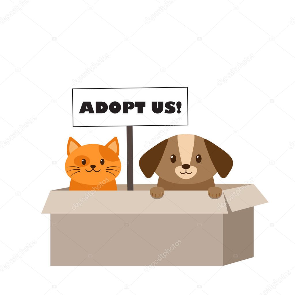 Adopt pet banner. Cute homeless puppy and kitten inside a cardboard box are begging for the adoption. Cat and dog vector illustration for animal shelter poster