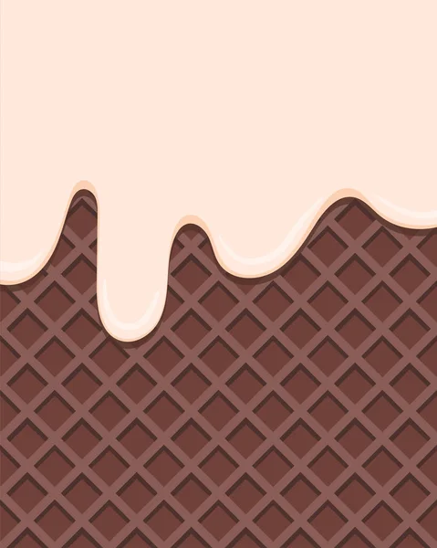 奶油流动在巧克力华夫饼 病媒背景 在褐色晶片质感上融化的乳霜 糖浆釉面脱落 — 图库矢量图片