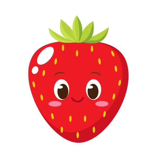 Lindo Personaje Fresa Feliz Emoticono Fruta Divertida Estilo Plano Berry — Vector de stock